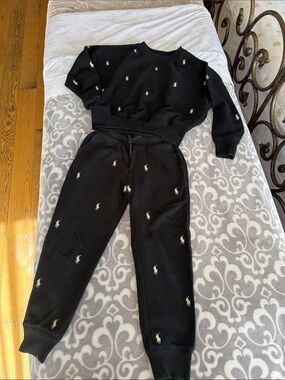 Polo by Ralph Lauren Black Sweatshirt and Jogger Set with Gold Pony Embroidery